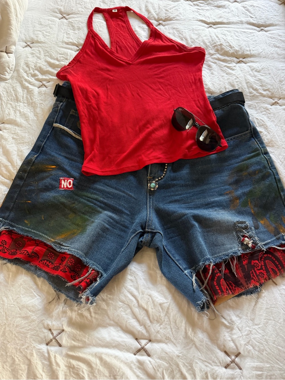 Bespoke Up-Cycled Blue Denim Jean Shorts — Red Trim & Skull Detail